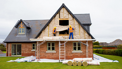 Two construction workers wearing hard hats and high-visibility vests standing on scaffolding to fit mineral wool insulation rolls into the timber frame of a residential house's upper gable wall.